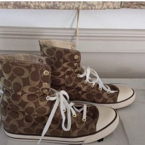 Like New COACH Bonney High Tops Fold Over Logo Shoes Jacquard Striped Sneakers